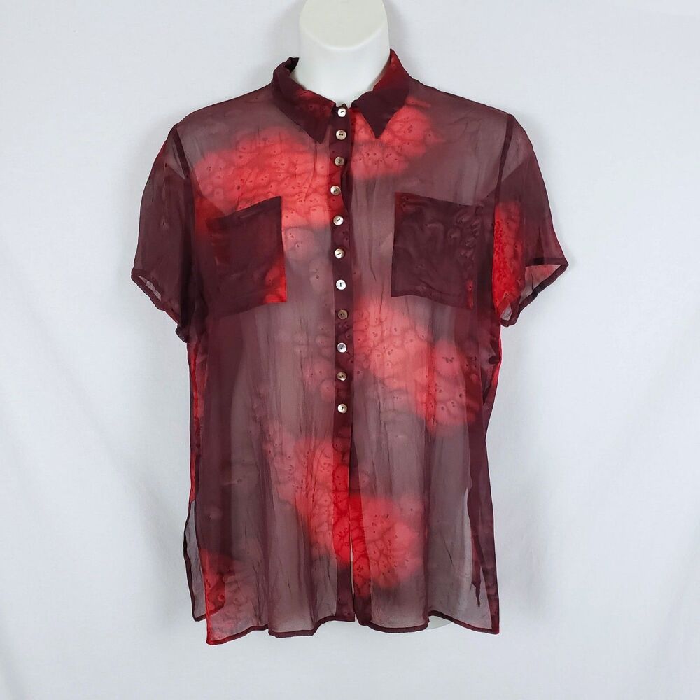 ZAPA Burgundy Sheer Button Up Blouse Womens Large? Artsy Whimsigoth Indie